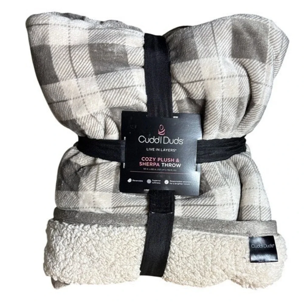 Cuddl Duds Cozy Plush Sherpa Throw Blanket Buffalo Gray Plaid 50